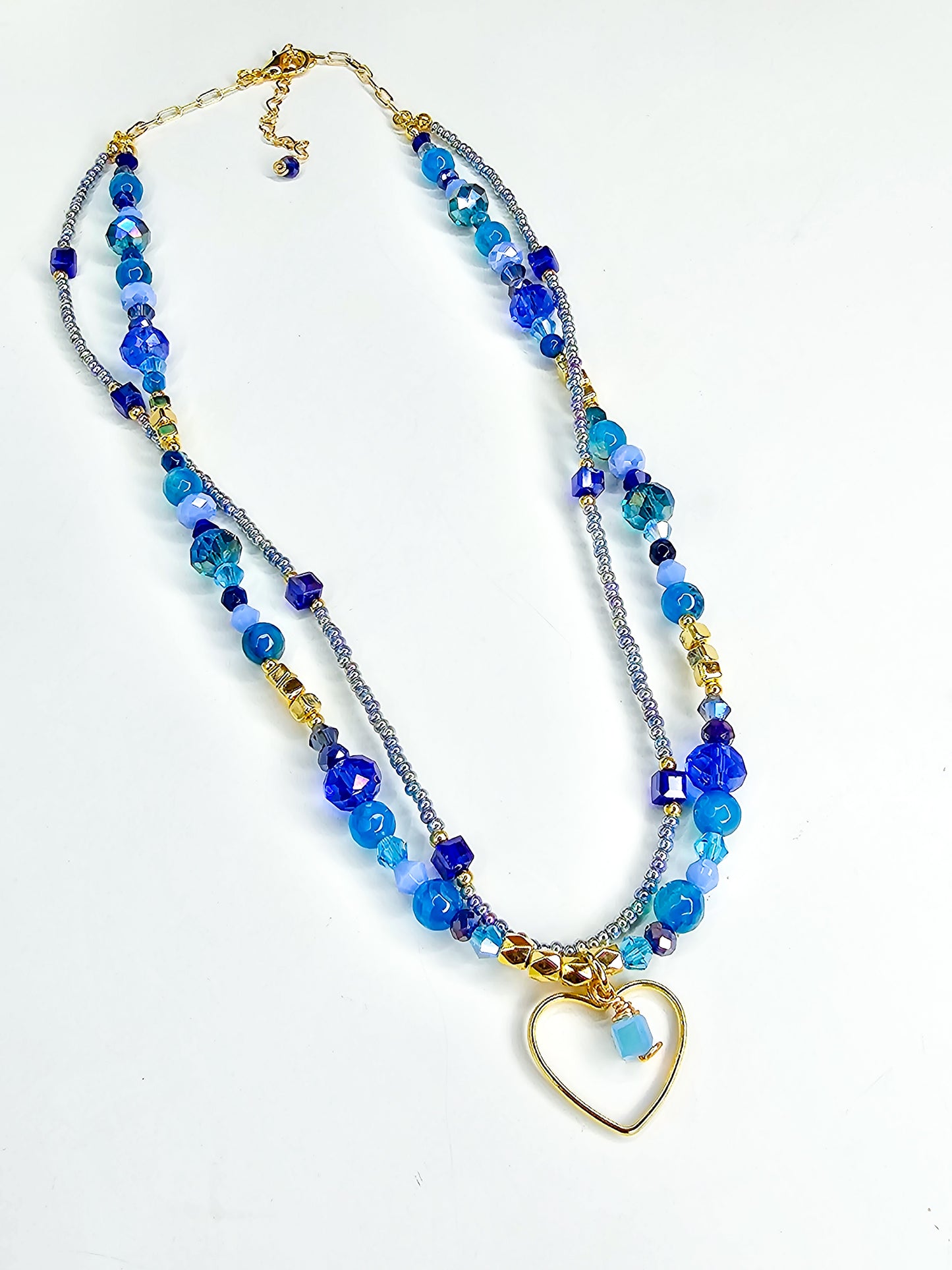 Blue Statement Necklace, Layered Heart Necklace