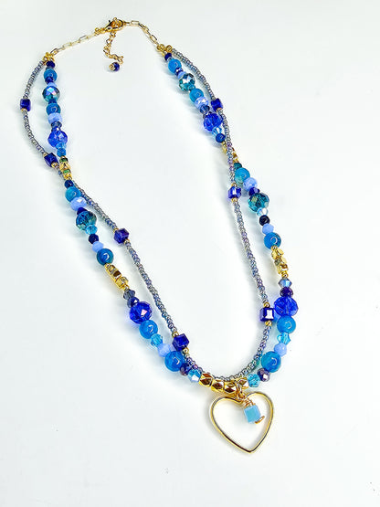 Blue Statement Necklace, Layered Heart Necklace