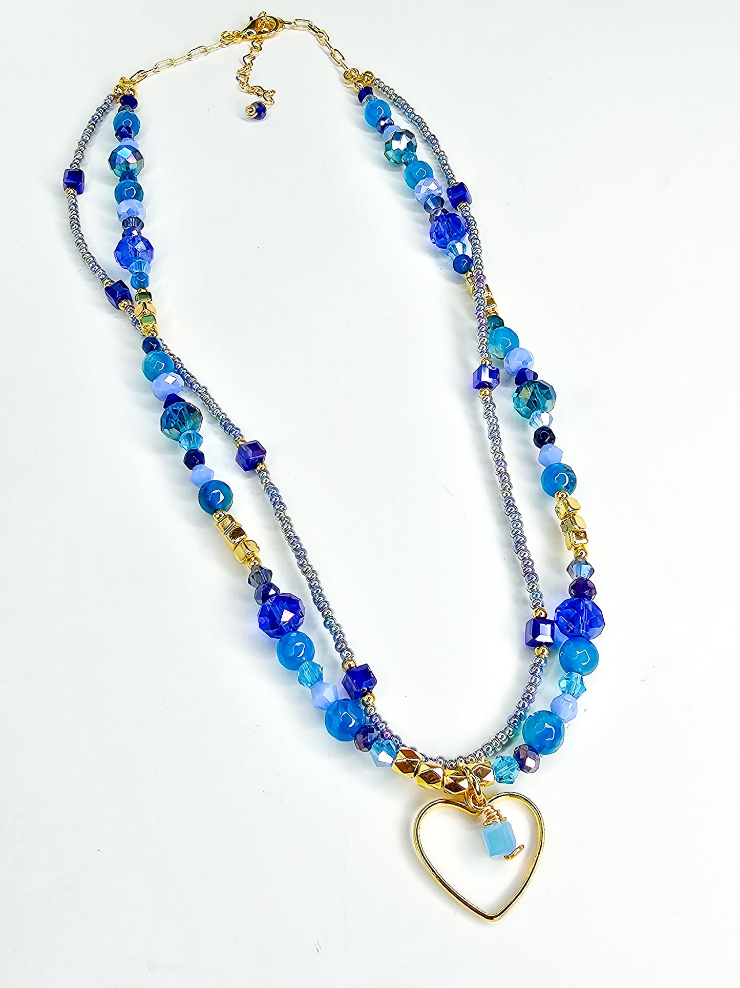 Blue Statement Necklace, Layered Heart Necklace