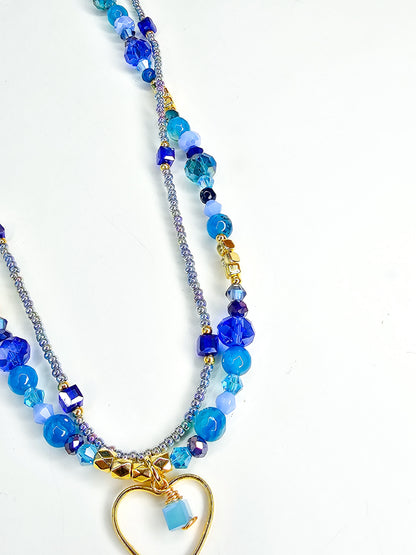 Blue Statement Necklace, Layered Heart Necklace