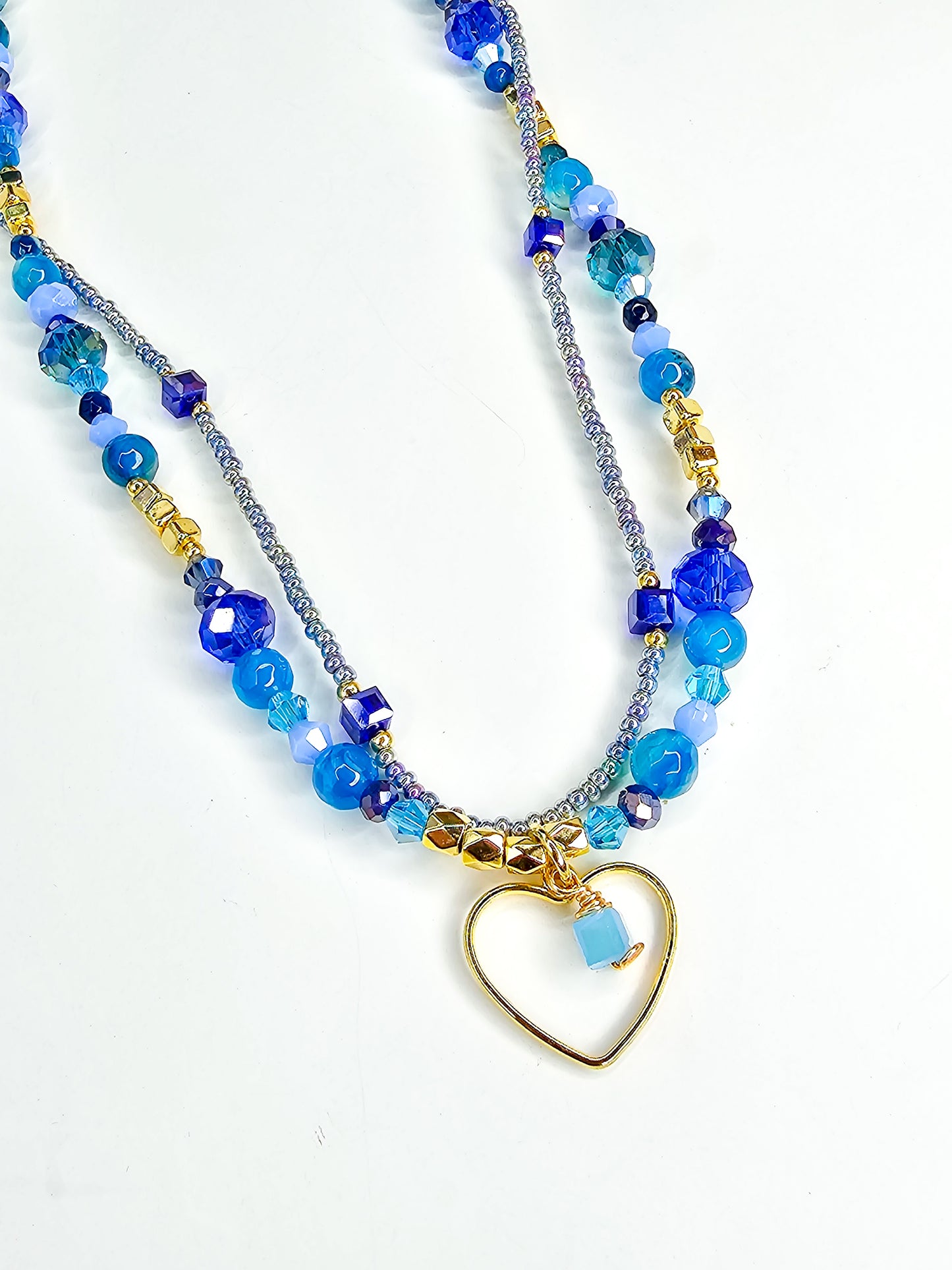 Blue Statement Necklace, Layered Heart Necklace