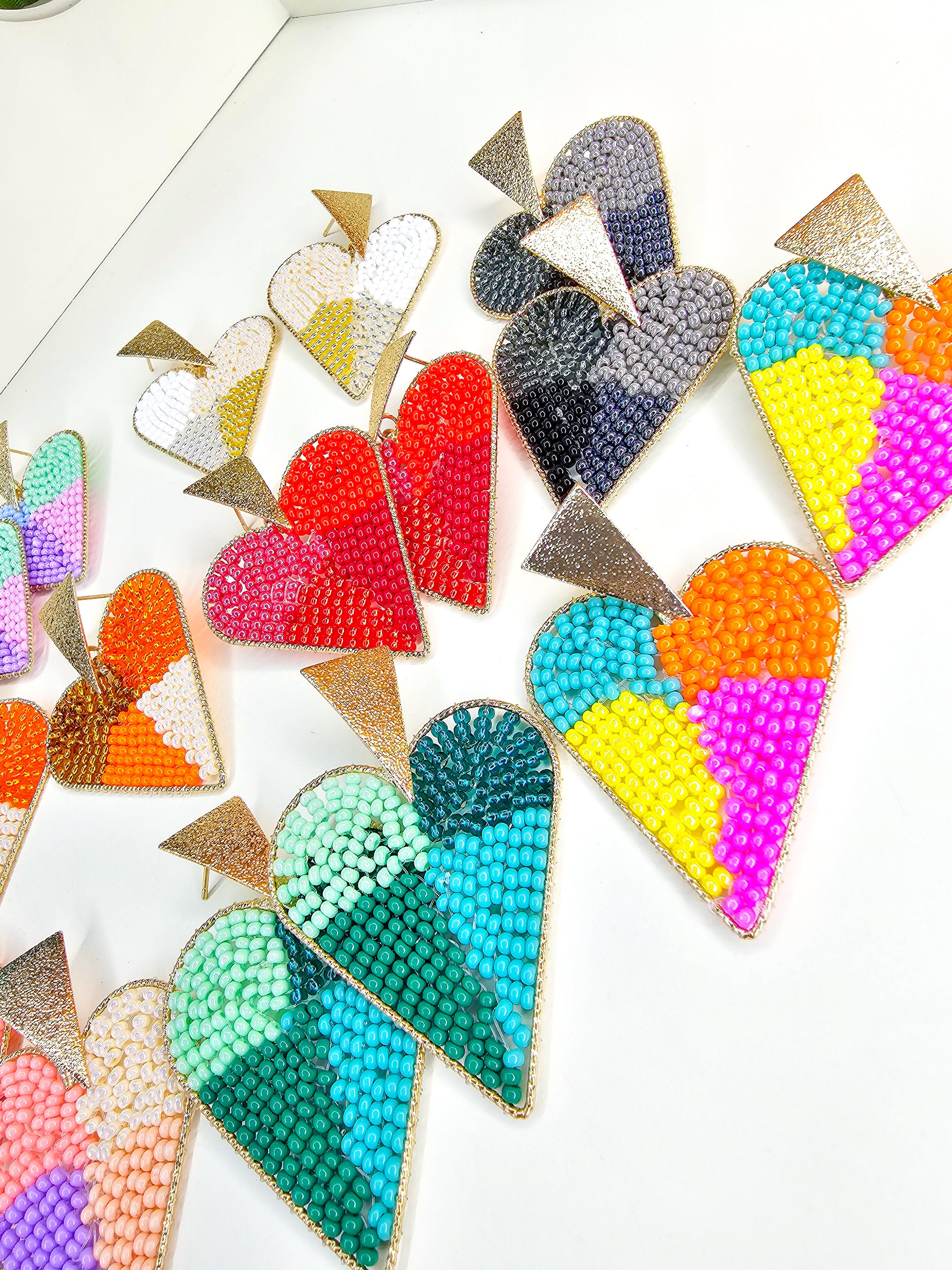 Large Colorful Beaded Heart Earrings