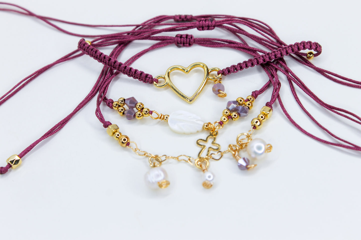 Heart Pearl Charm Burgundy Bracelet