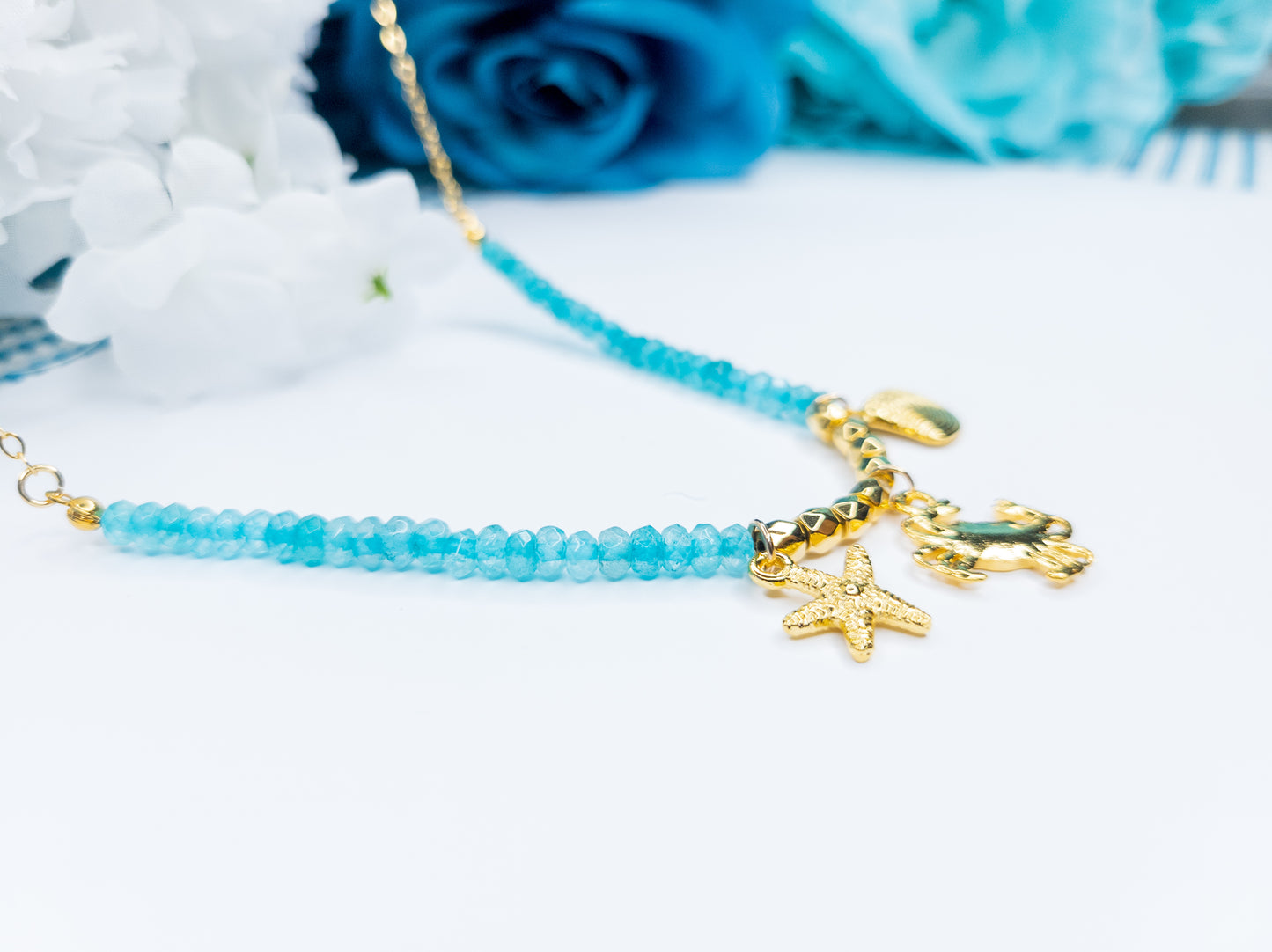 Aqua necklace, starfish charm, crab charm, shell charm